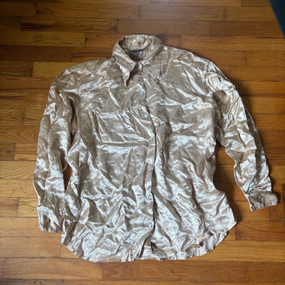 Vintage medium career Shiny Beige Button-Up Shirt woman’s